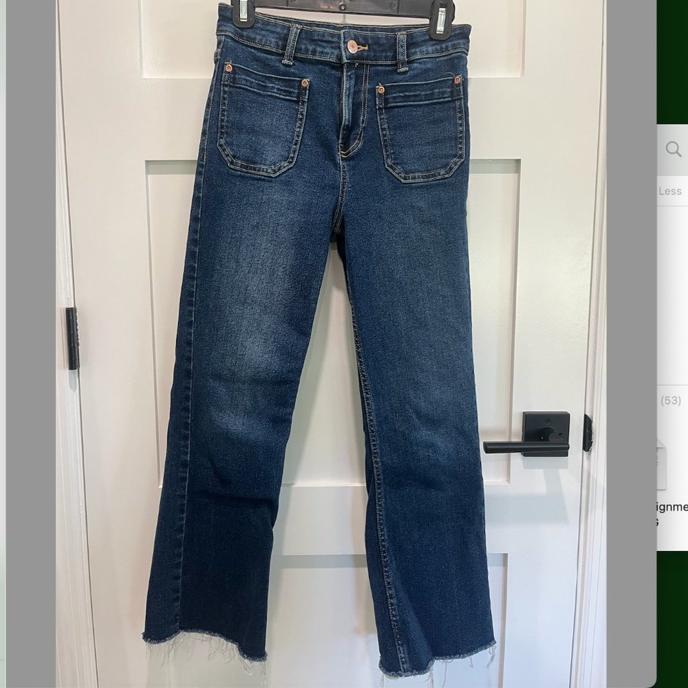 Zara front pocket dark wash jeans raw hem
